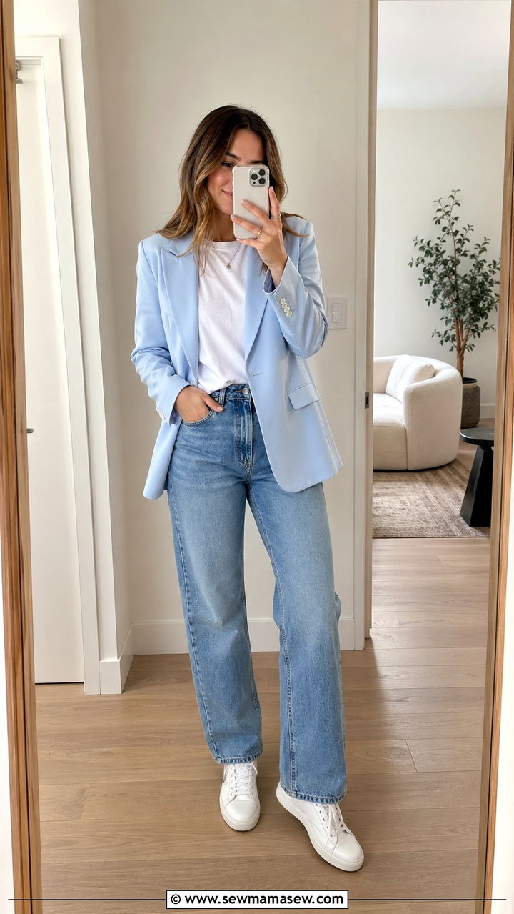 Powder Blue Blazer With Relaxed Denim And Sneakers - 35 April outfit ideas