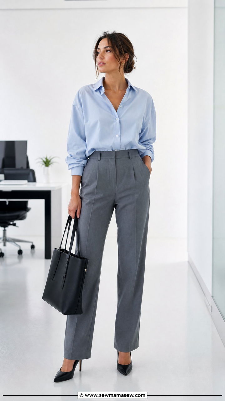 Powder Blue Button Up With High Waisted Grey Trousers And Pointed Pumps - 35 Modern office outfit ideas