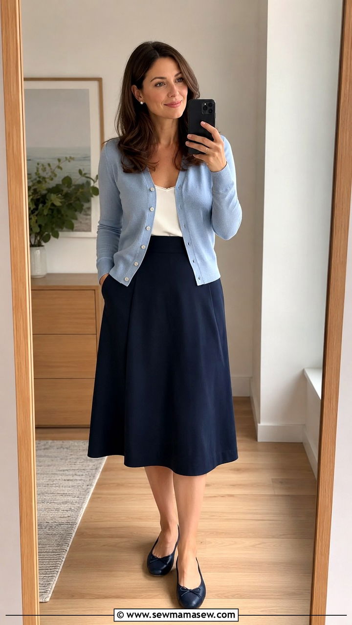Powder Blue Cardigan with Navy A Line Skirt Spring 2026 - 30 Spring quiet luxury outfits 2026