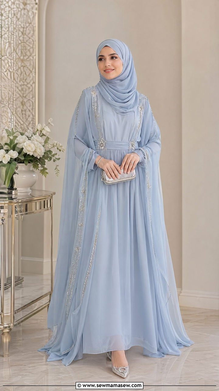 Powder Blue Chiffon Maxi Dress with Silver Accessories - 35 Eid outfit ideas for moms