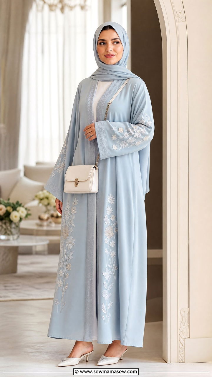 Powder Blue Embroidered Abaya With White Accessories - 25 March Ramadan outfit ideas