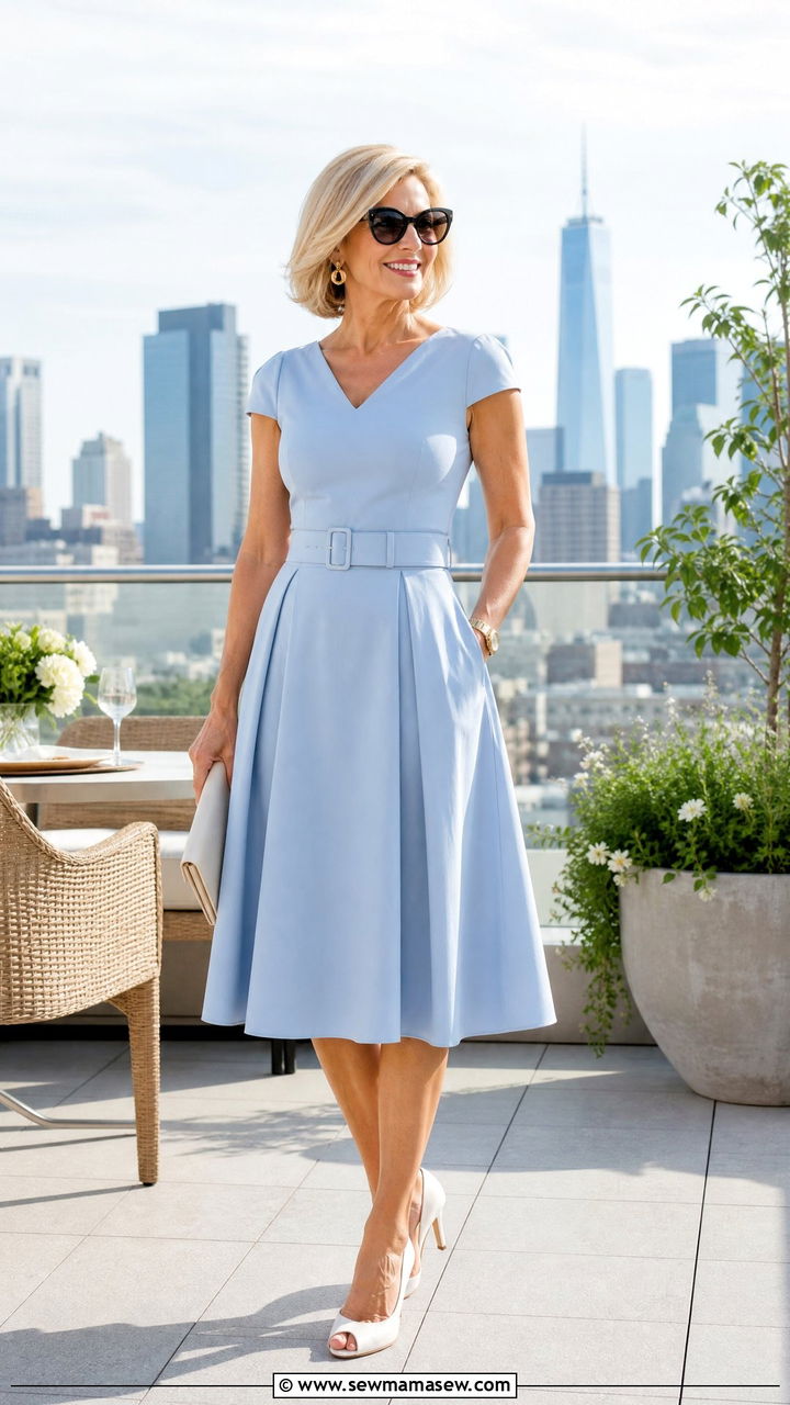 Powder Blue Fit And Flare Dress With White Heels - 25 Brunch outfit ideas for women over 50