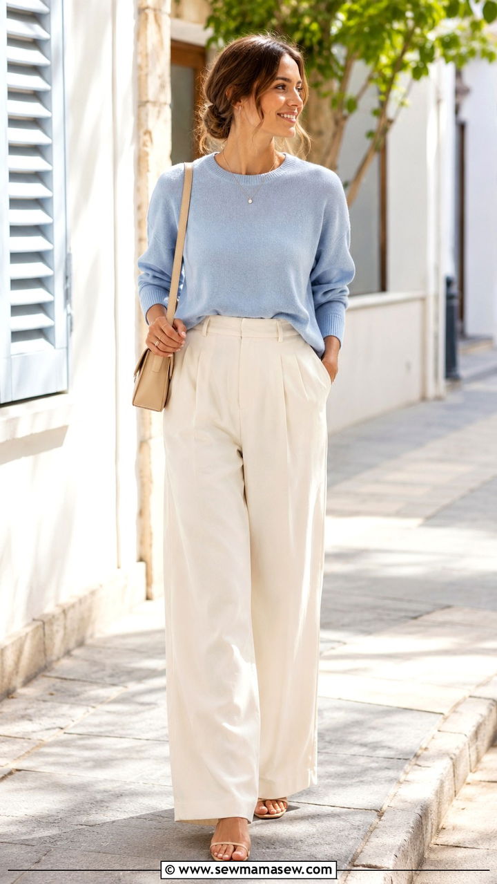 Powder Blue Knit with Ecru Wide Leg Pants Outfit - 30 Spring wardrobe essentials 2026
