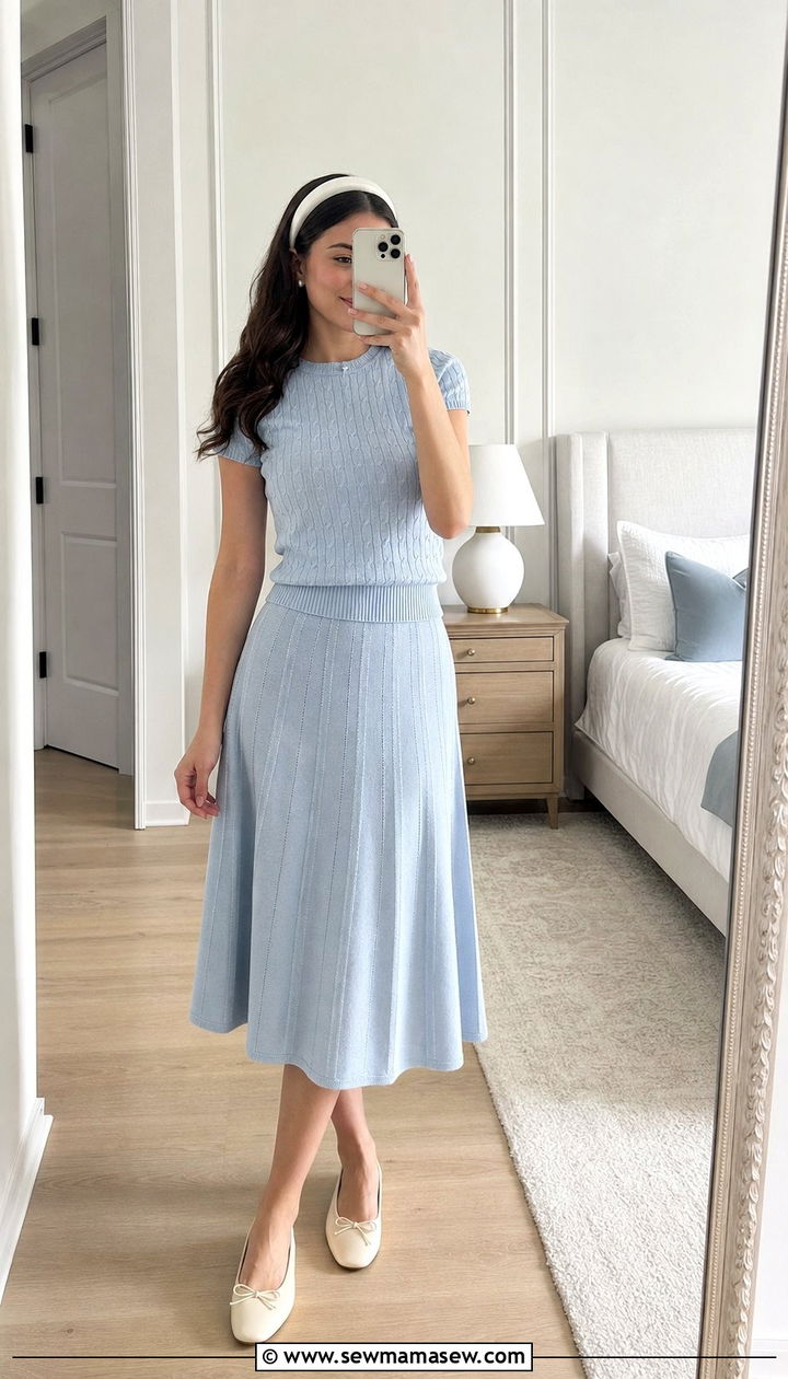 Powder Blue Matching Knit Set With Ballet Flats Outfit - 35 Balletcore spring outfits