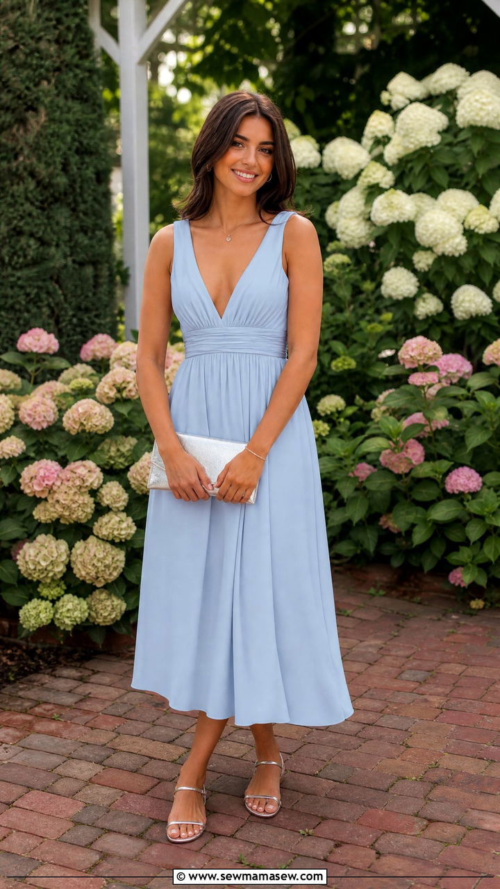 Powder Blue Midi Dress With Silver Sandals - 25 Rush week outfit ideas preference night