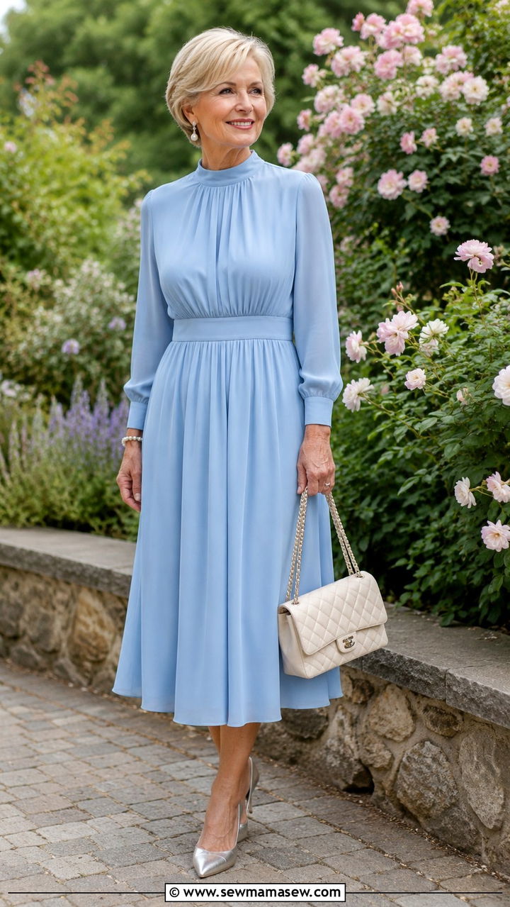 Powder Blue Midi Dress with Pearl Earrings - 30 Quiet luxury outfits for women over 50