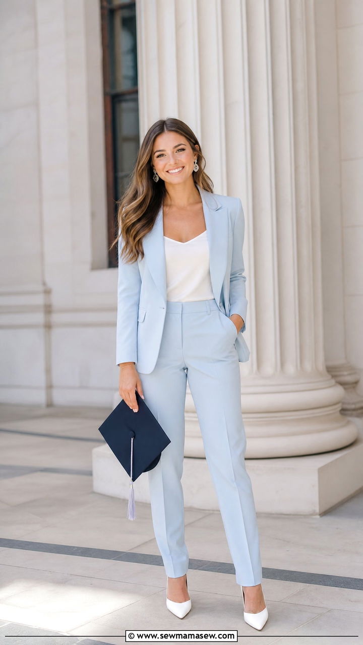 Powder Blue Pantsuit With White Heels - 25 Graduation photo outfit ideas