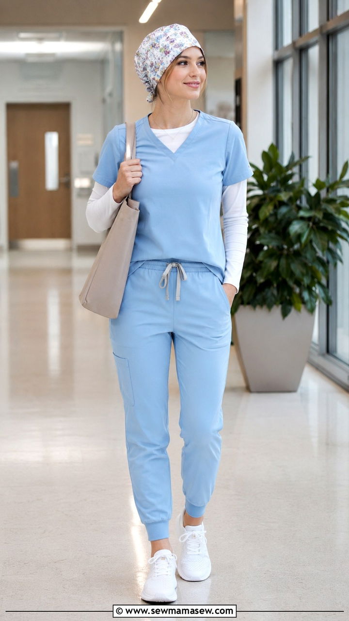 Powder Blue Scrub Joggers with White Underscrub Tee - 30 Spring outfit ideas for nurse