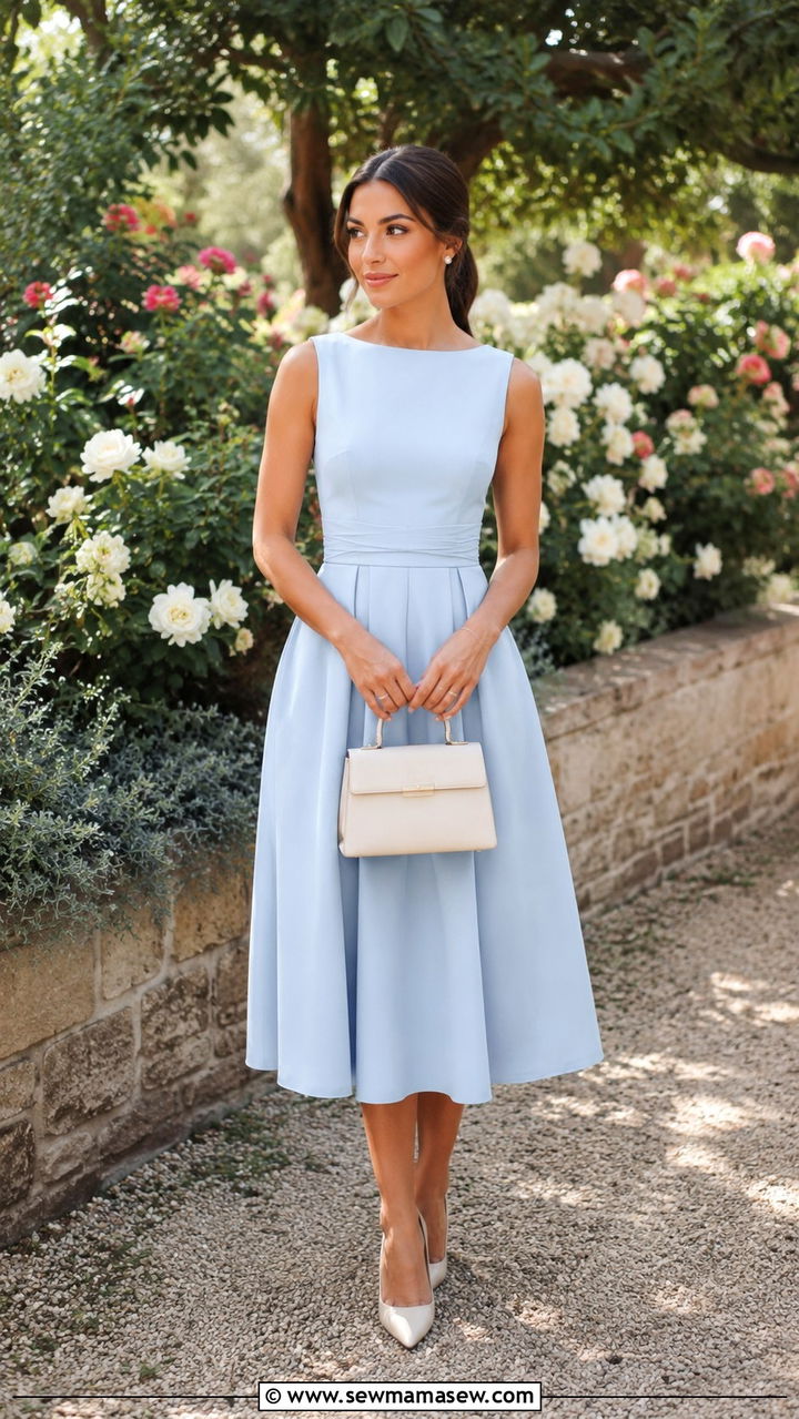 Powder Blue Sleeveless Midi Dress - 30 Old money outfit ideas for wedding guest