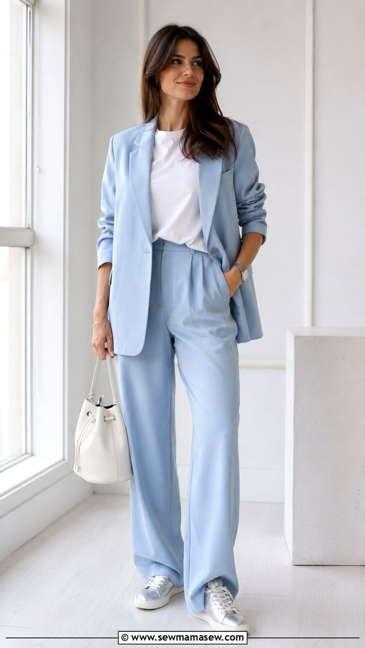 Powder Blue Suit With a White Tee and Silver Sneakers - 30 business casual outfits 2026