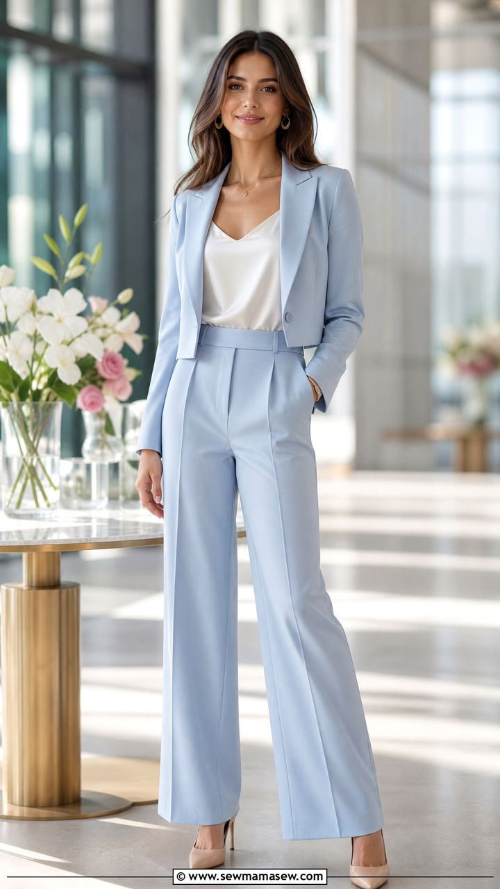 Powder Blue Tailored Suit With a White Camisole - 30 Formal office outfit ideas