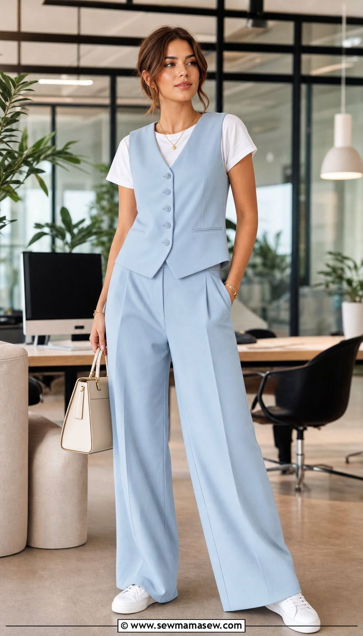 Powder Blue Vest with Matching Wide Leg Trousers - 25 Clean girl outfit ideas for work