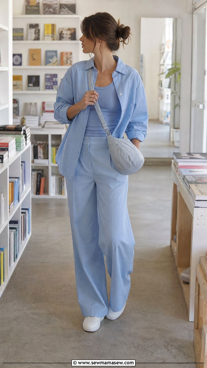 Powder Blue Wide Leg Trouser Outfit - 30 summer monochrome outfit ideas