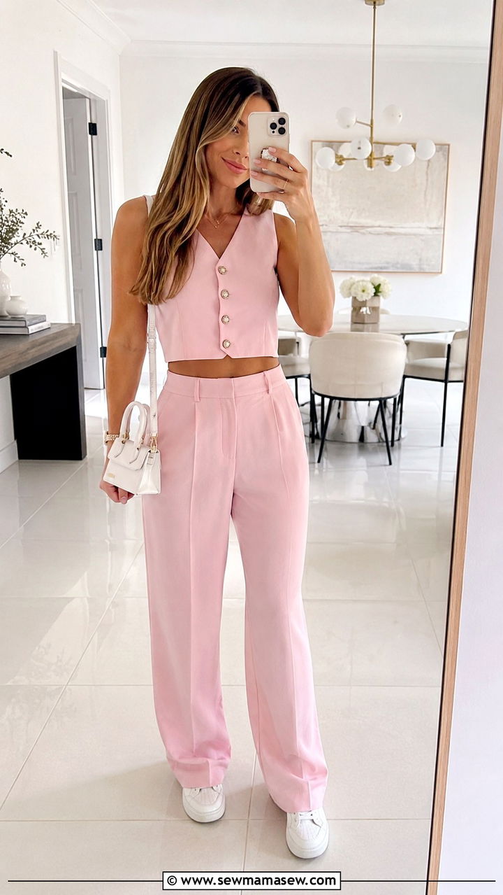 Powder Pink Co Ord Set With White Sneakers and Mini Bag - 30 Late spring outfits