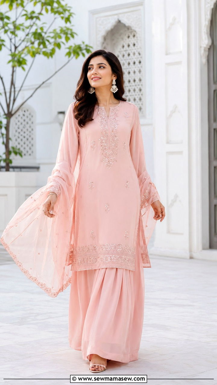 Powder Pink Palazzo Suit With Long Kameez - 25 Modest outfit ideas for Walima