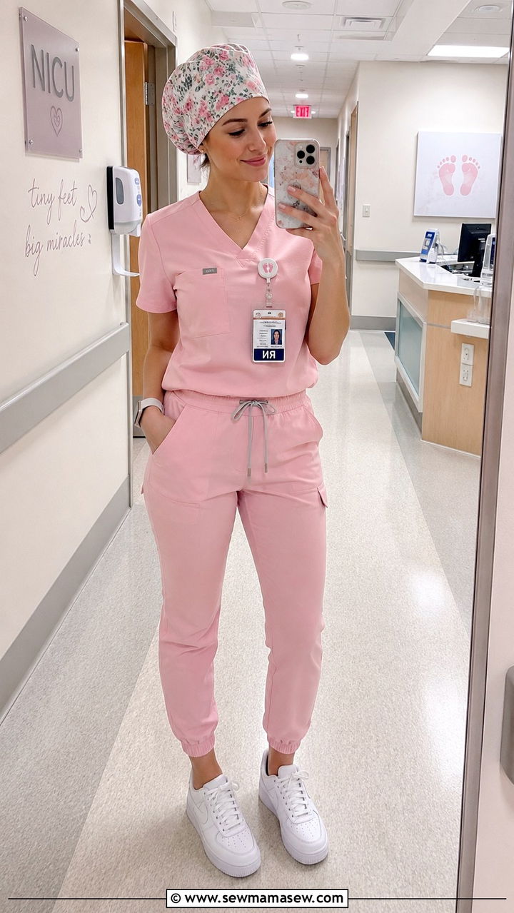 Powder Pink Pediatric Scrubs With Floral Scrub Cap - 20 Nicu nurse outfit ideas
