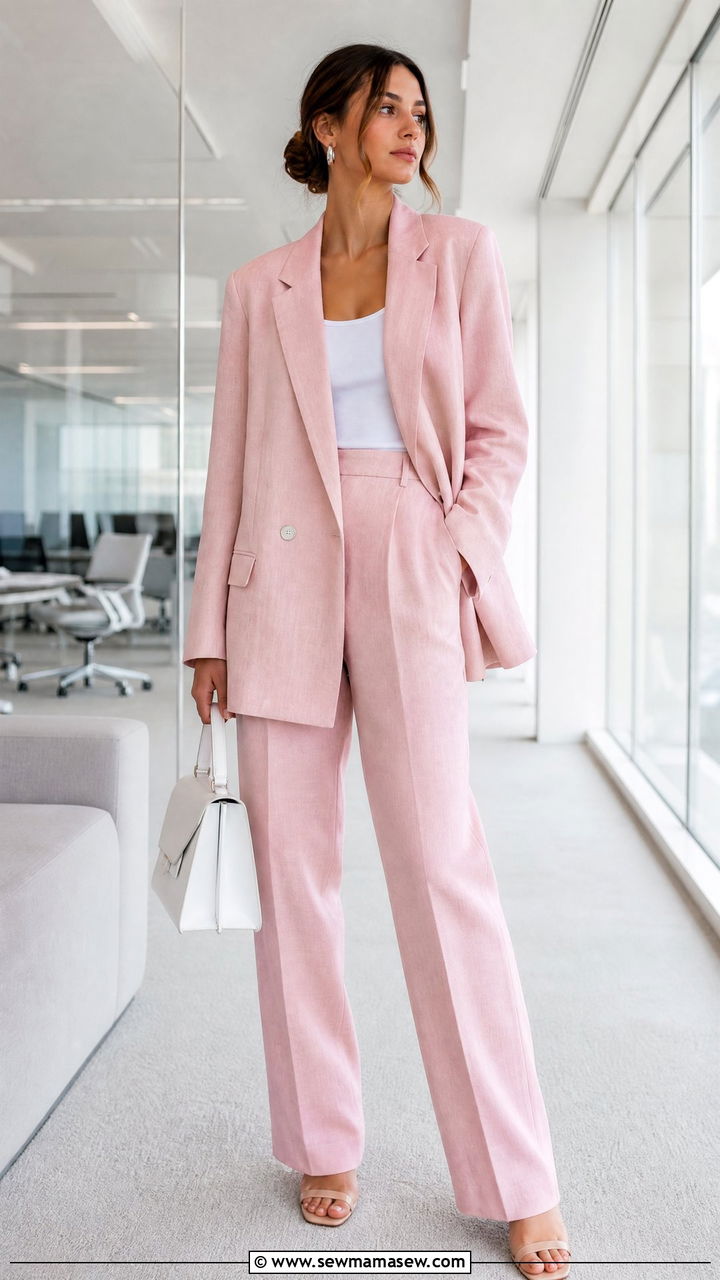 Powder Pink Tailored Suit With Minimal Sandals - 30 Summer outfits in pink