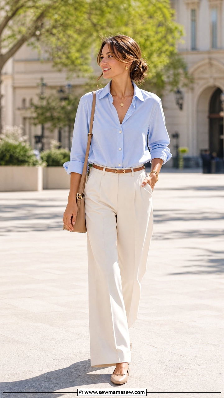 Powder blue button down with cream wide leg pants - 25 Quiet luxury outfit ideas spring 2026