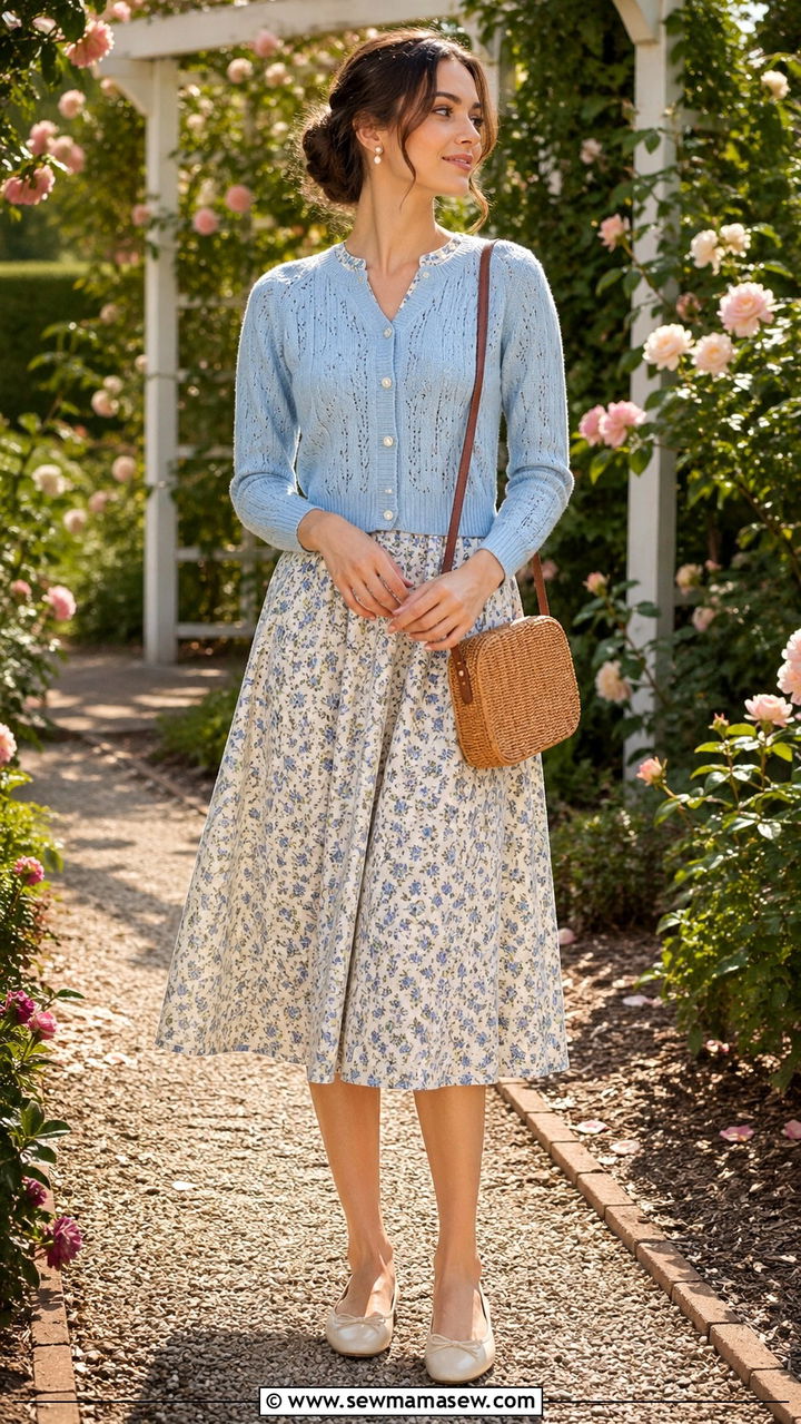 Powder blue cardigan layered over a floral midi dress - 40 All powder blue outfit ideas
