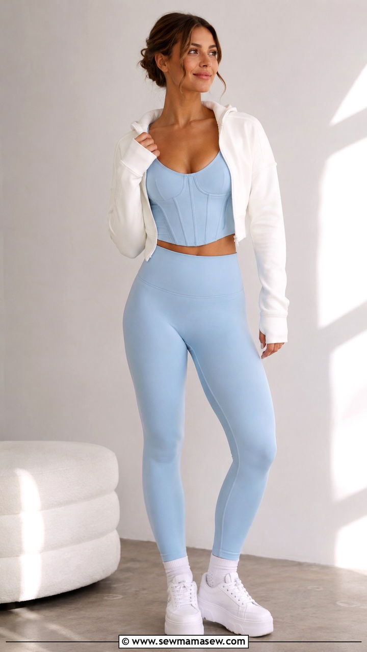Powder blue corset style sports bra and leggings - 25 Pilates girl outfit ideas
