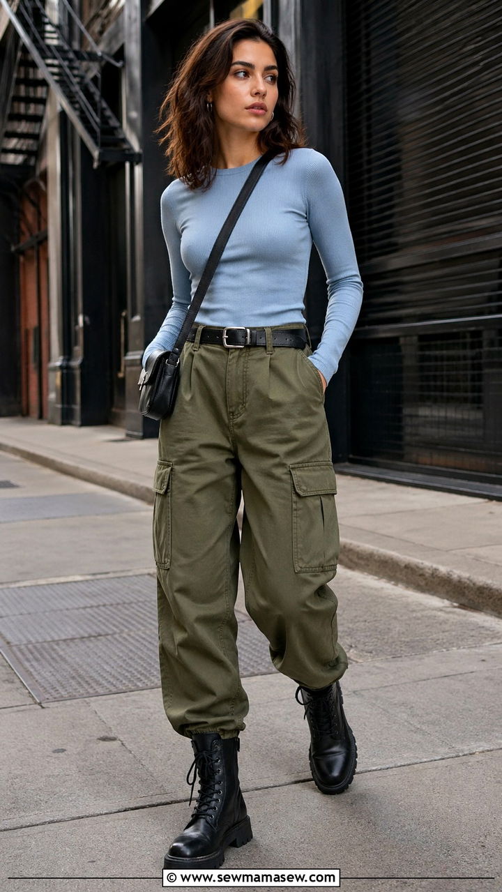 Powder blue long sleeve top with cargo pants and combat boots - 40 All powder blue outfit ideas