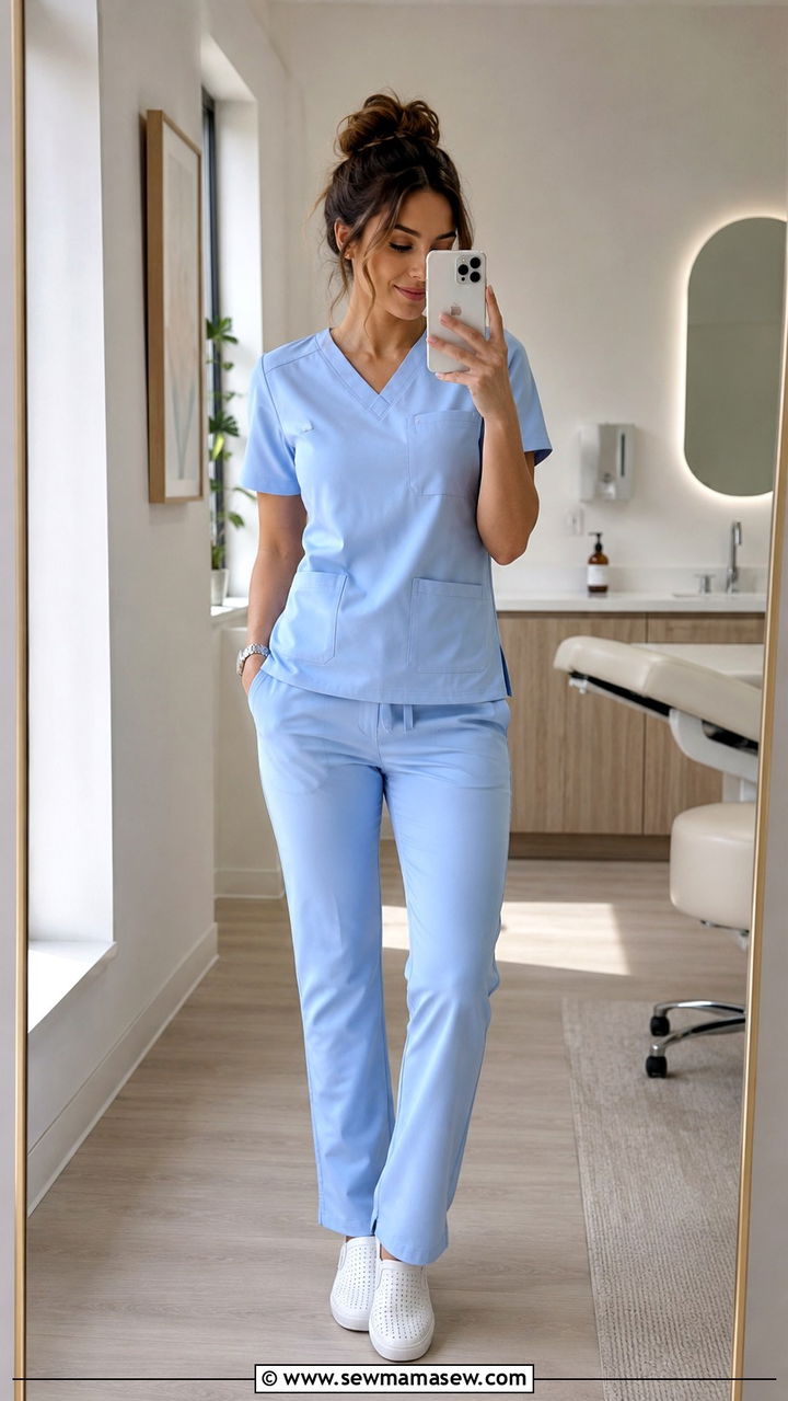 Powder blue monochrome scrubs - 30 Spring nurse outfits