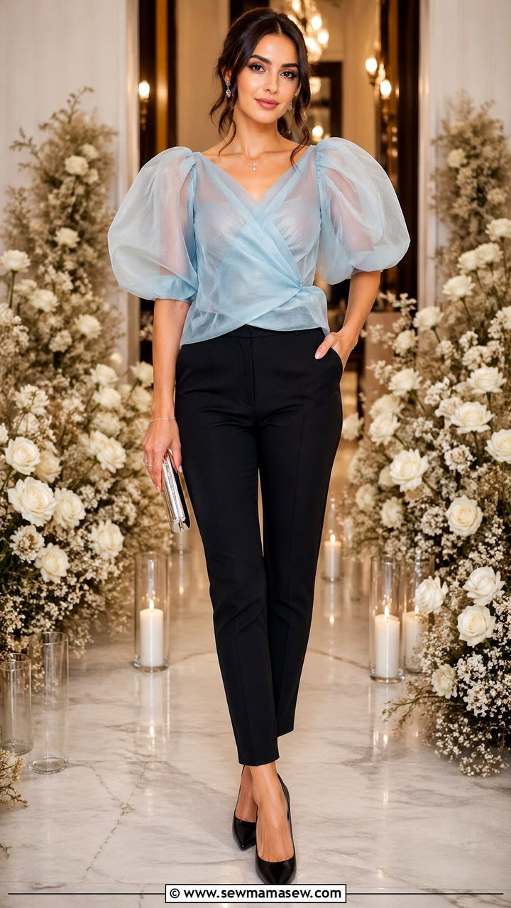 Powder blue organza puff sleeve top with cigarette trousers - 40 All powder blue outfit ideas