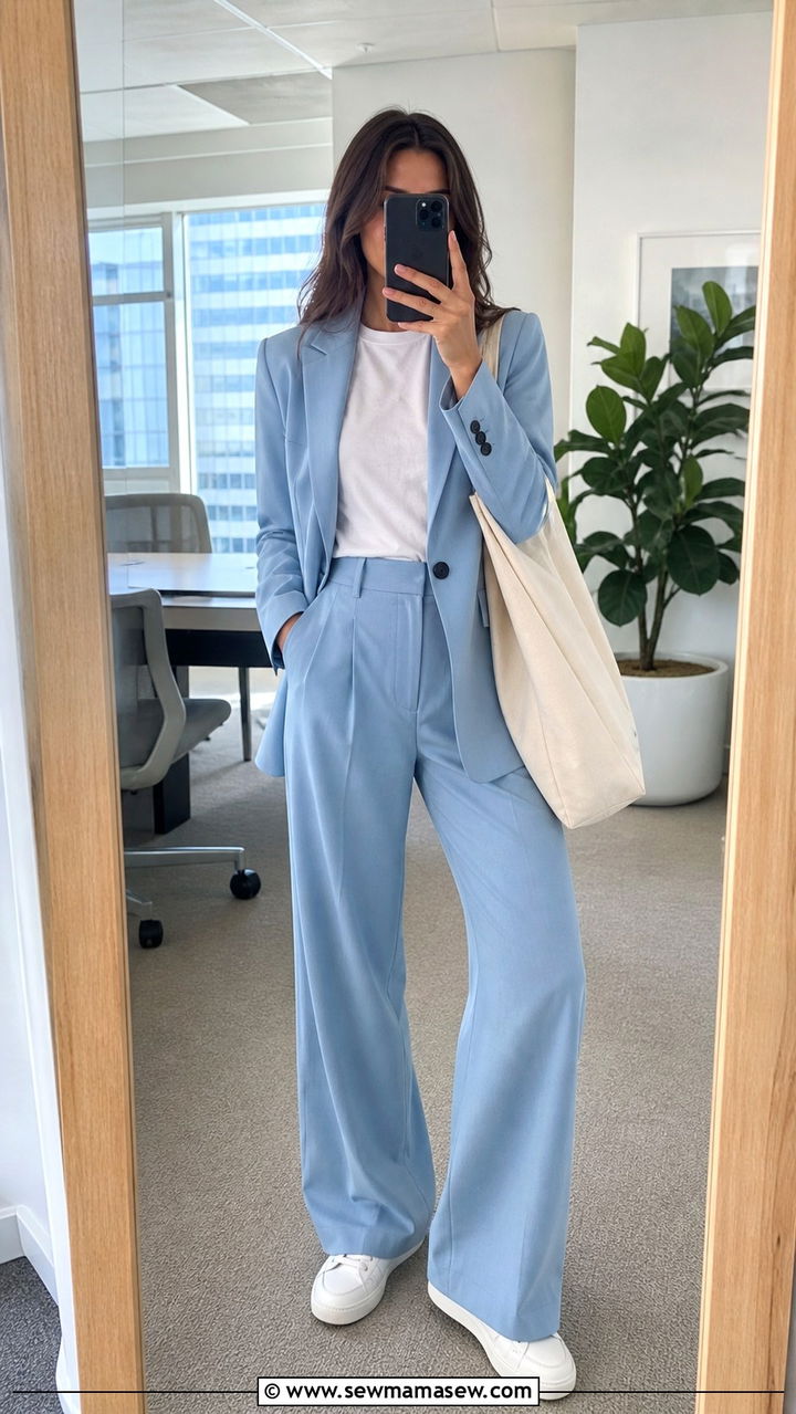 Powder blue tailored suit with a white tee - 40 Chic work outfit ideas