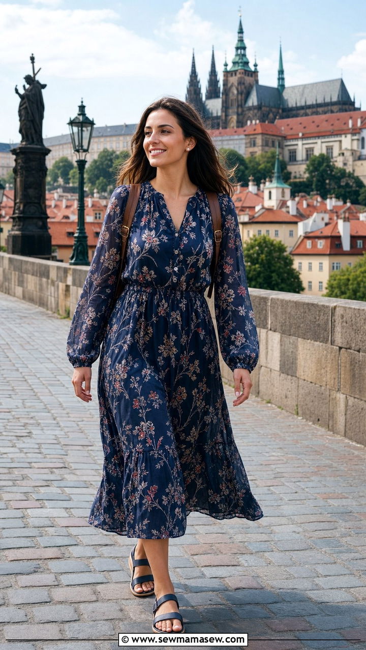 Prague Prairie Midi Dress with Arch Support Sandals - 25 Europe travel outfits inspo