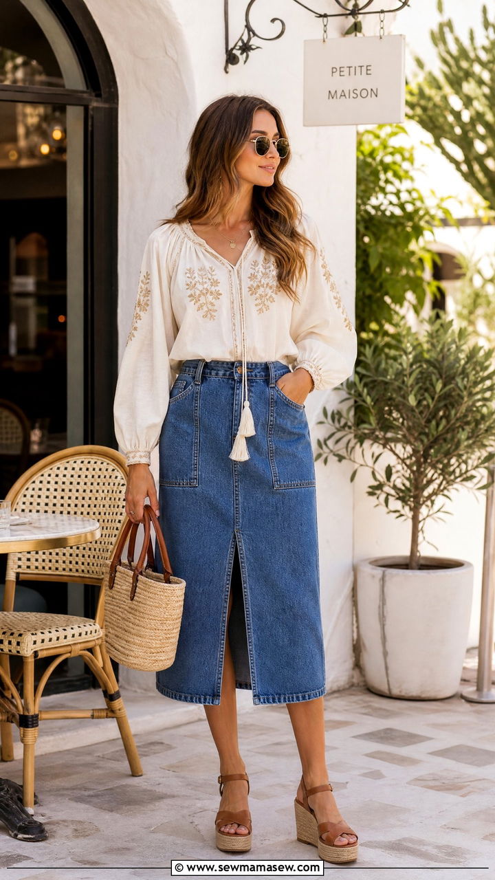 Prairie Blouse With a Structured Denim Midi Skirt - 25 Chloé boho outfit ideas