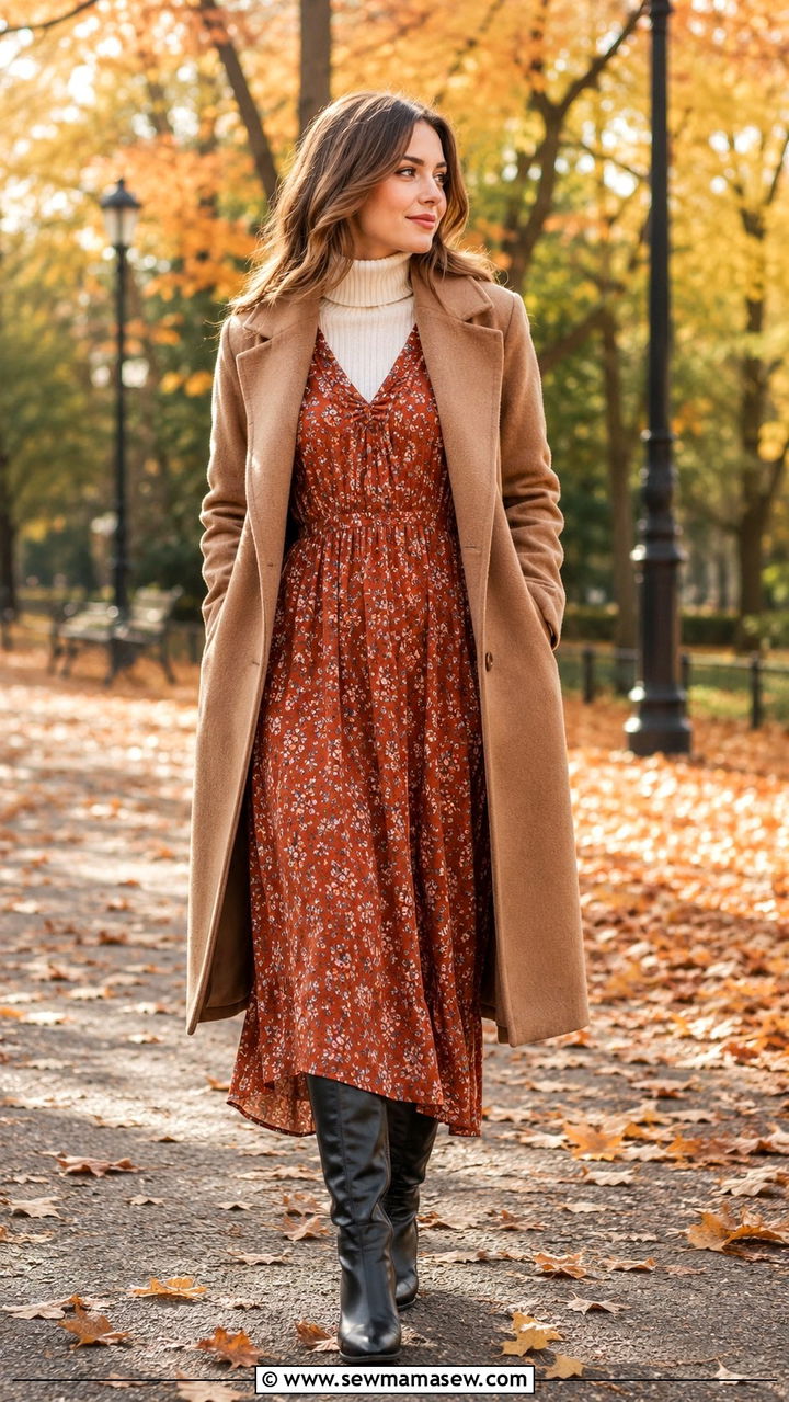 Prairie Dress Layered Over A Turtleneck With Knee High Boots - 25 Boho outfit ideas with prairie dress