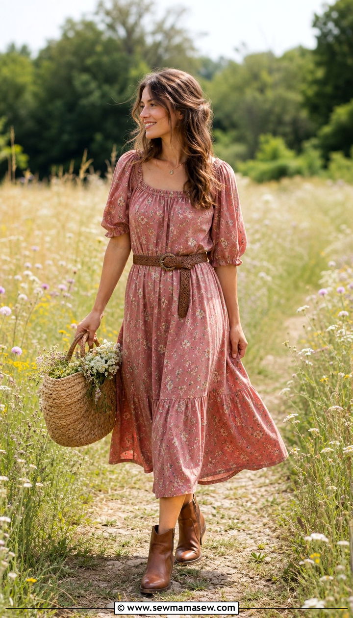 Prairie Dress With Ankle Boots - 25 Summer cottagecore outfits 2026