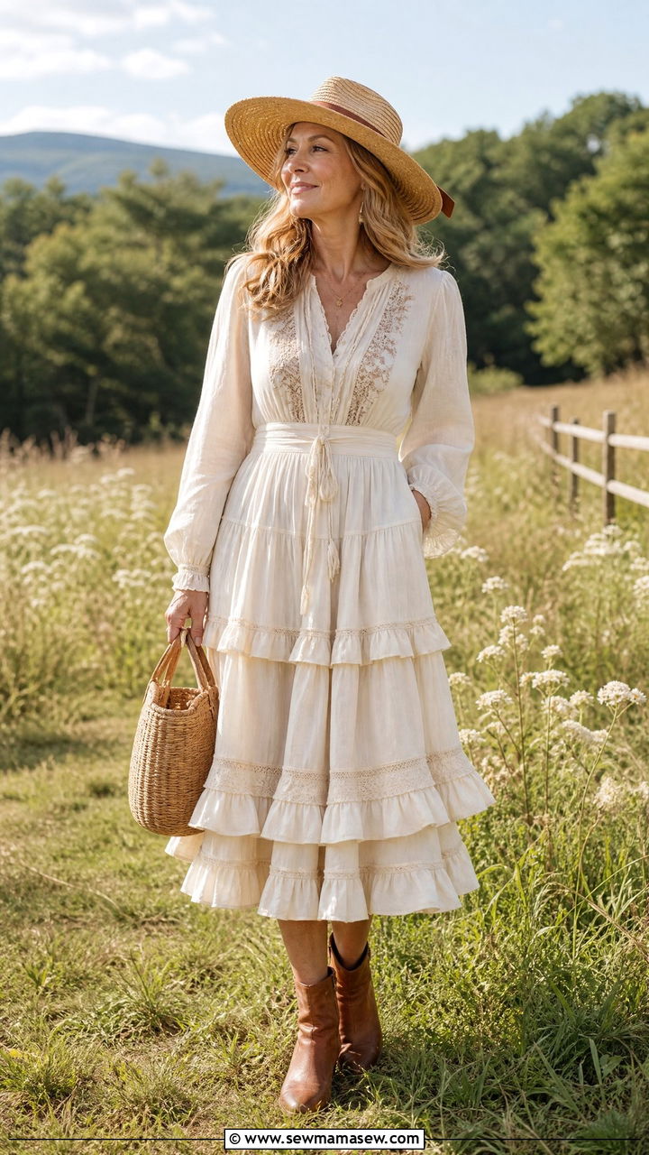Prairie Dress With Ankle Boots And Straw Hat - 30 cottagecore outfit ideas for women over 40