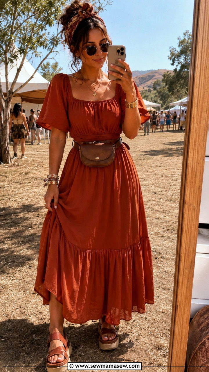 Prairie Dress With Belt Bag And Platform Sandals - 25 Boho outfit ideas with prairie dress
