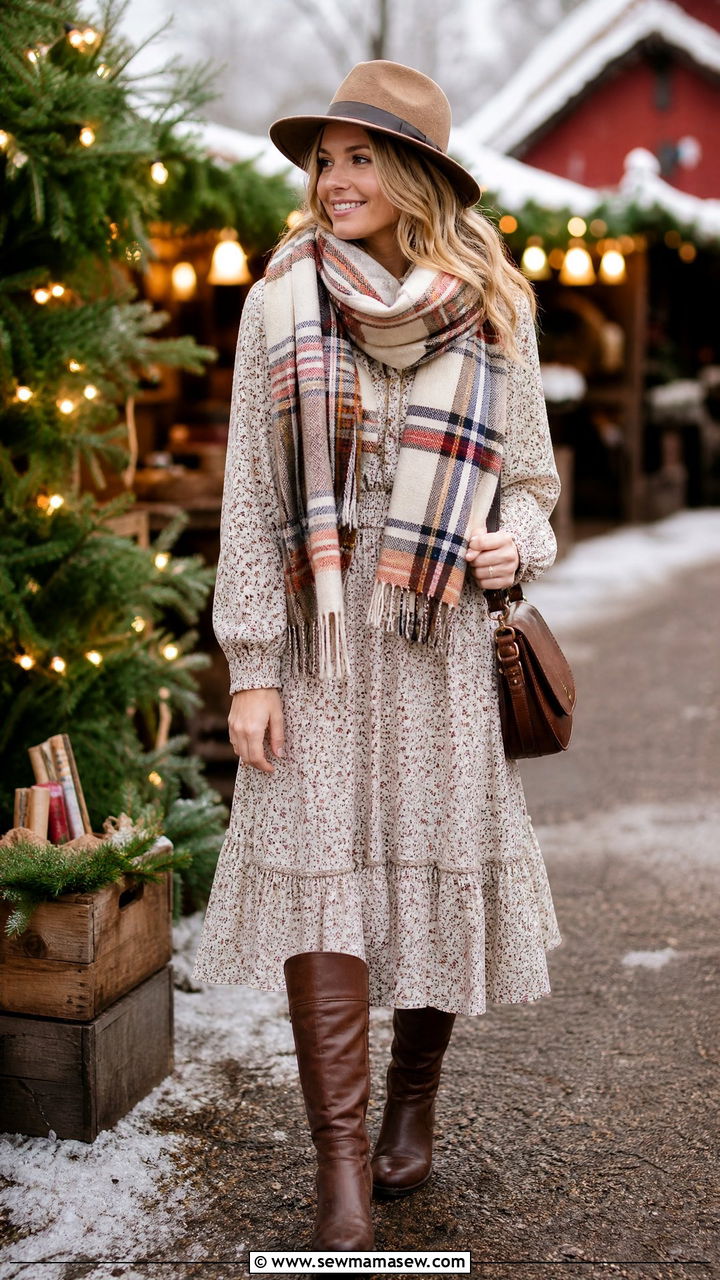 Prairie Dress With Blanket Scarf And Tall Riding Boots - 25 Boho outfit ideas with prairie dress