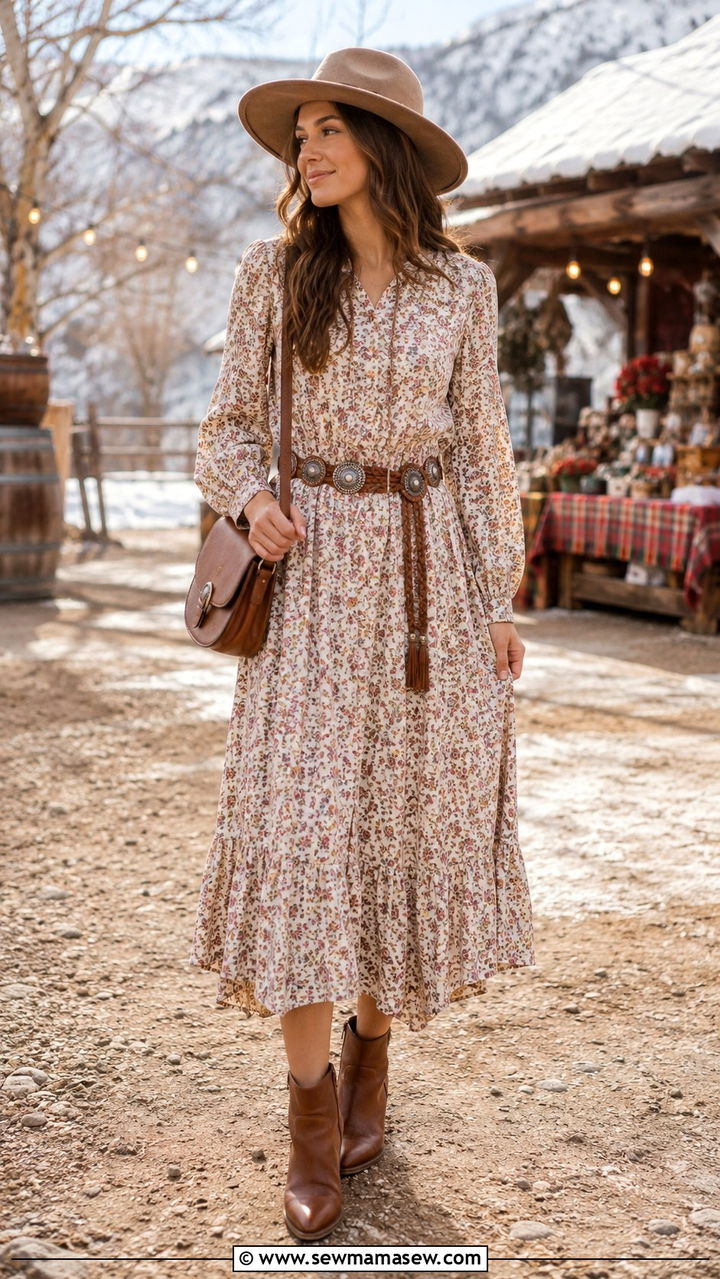Prairie Dress With Concho Belt and Ankle Boots - 25 Boho outfit ideas with concho belt