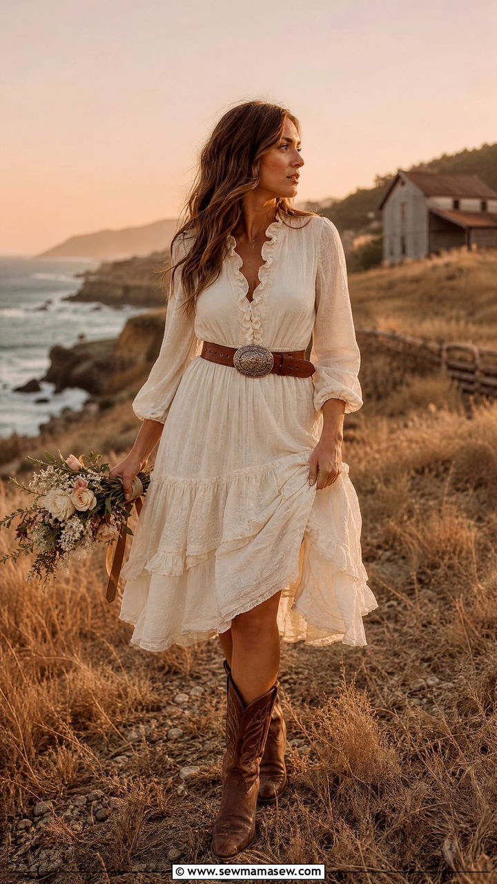 Prairie Dress With Cowboy Boots And A Buckled Belt - 20 coastal cowgirl outfits aesthetic