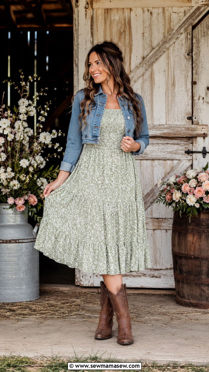 Prairie Dress With Cowboy Boots And Denim Jacket - 30 transitional western outfit ideas