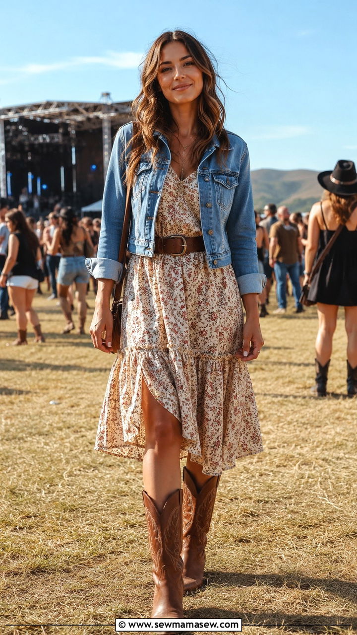 Prairie Dress With Cowboy Boots And Denim Jacket - 25 Boho outfit ideas with prairie dress