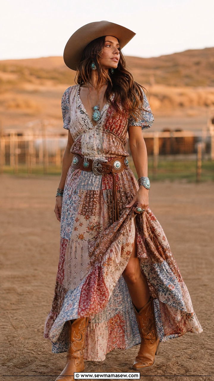 Prairie Dress With Cowboy Hat And Concho Belt - 25 Boho outfit ideas with prairie dress