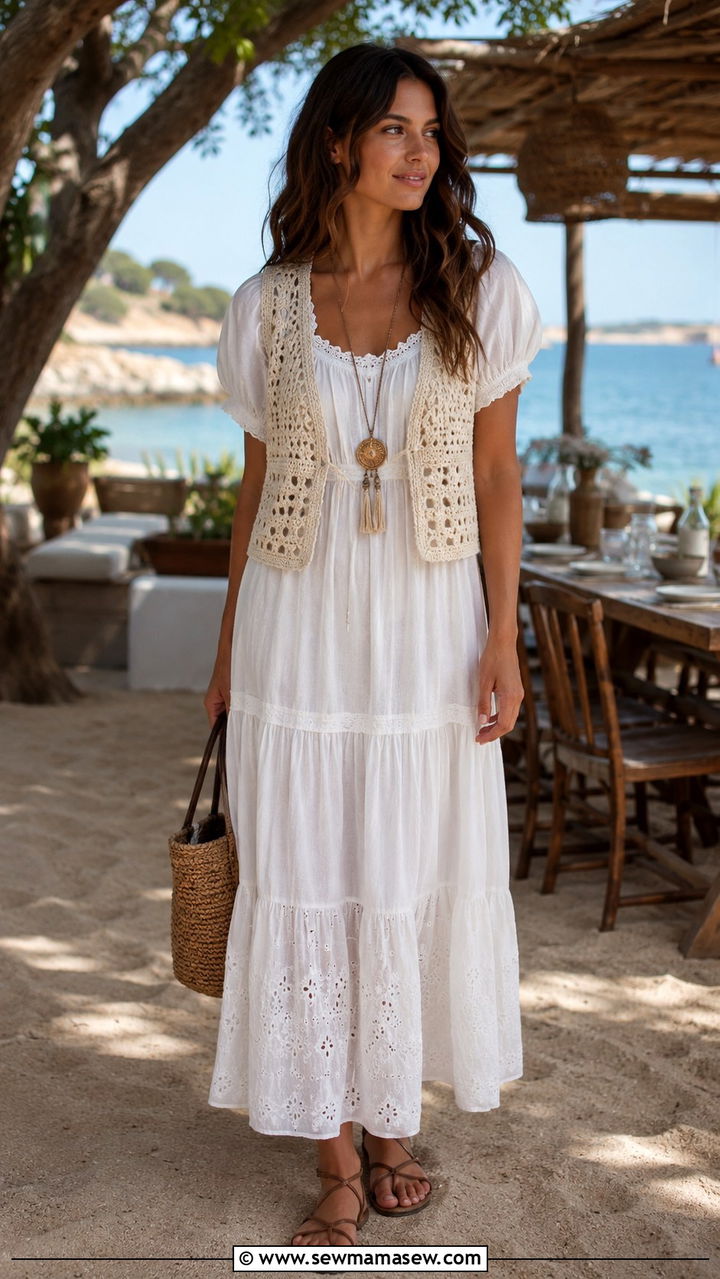 Prairie Dress With Crochet Vest And Flat Sandals - 25 Boho outfit ideas with prairie dress