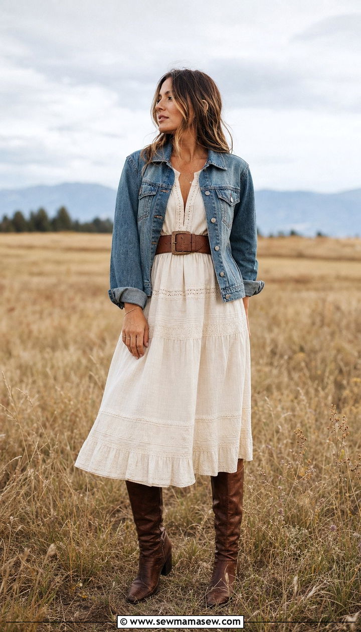 Prairie Dress With Denim Jacket And Boots - 25 Cottagecore outfits 2026