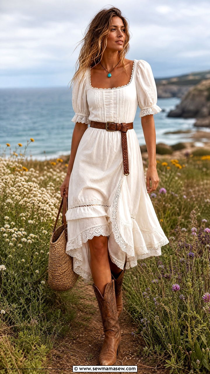 Prairie Dress With Distressed Leather Boots - 25 classy coastal cowgirl outfits