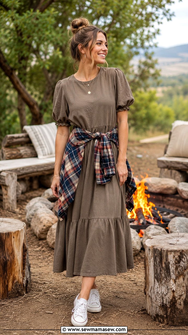 Prairie Dress With Flannel Shirt And Canvas Sneakers - 25 Boho outfit ideas with prairie dress