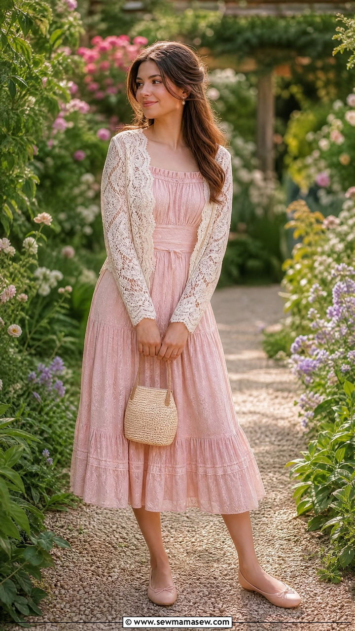 Prairie Dress With Lace Cardigan And Ballet Flats - 25 Boho outfit ideas with prairie dress