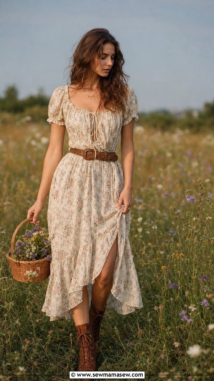 Prairie Dress With Lace Up Boots And Woven Belt - 25 summer fairycore outfit ideas
