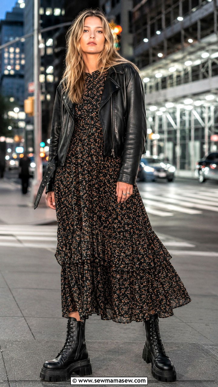 Prairie Dress With Leather Jacket And Chunky Combat Boots - 25 Boho outfit ideas with prairie dress