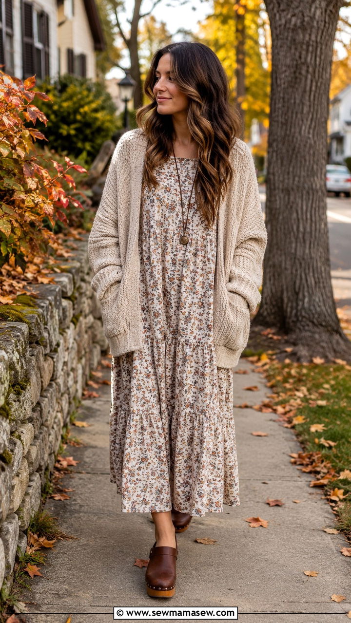 Prairie Dress With Oversized Cardigan And Clogs - 25 Boho outfit ideas with prairie dress