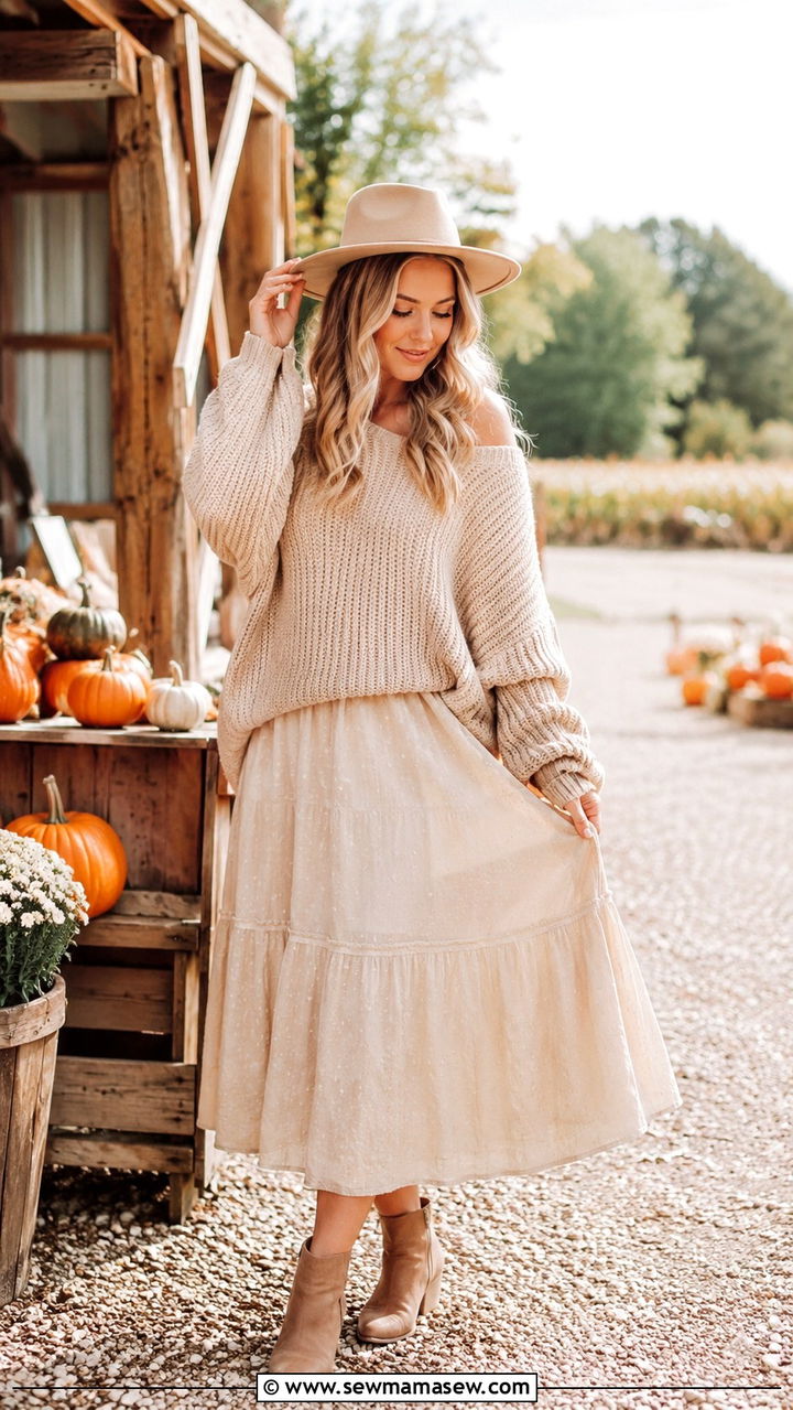 Prairie Dress With Oversized Chunky Knit And Tan Ankle Boots - 25 Boho outfit ideas with prairie dress