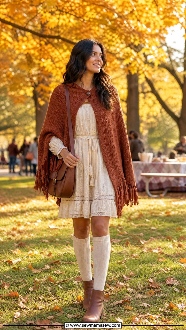 Prairie Dress With Poncho And Knee High Socks - 25 Boho outfit ideas with prairie dress
